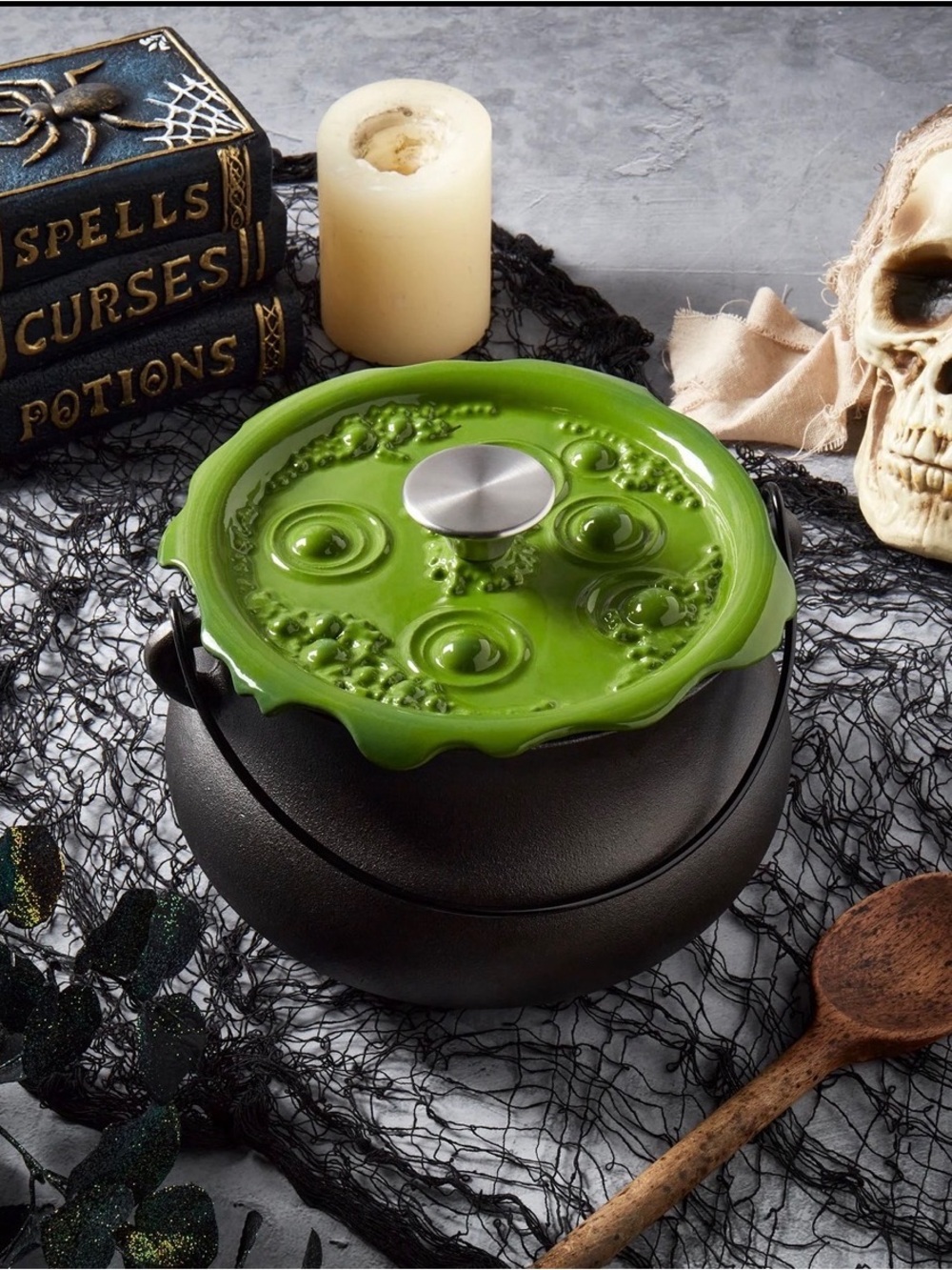 Smith & Clark Cast Iron Enamel 4 Qt Cauldron Pot w/ Lid & Handle, Black/Green